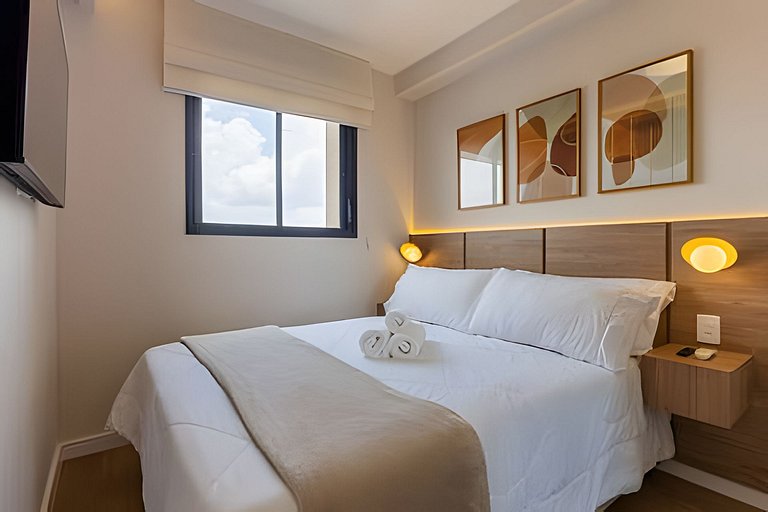 Apê NOVO, vista incrível 12º, cama Queen/7min Aero
